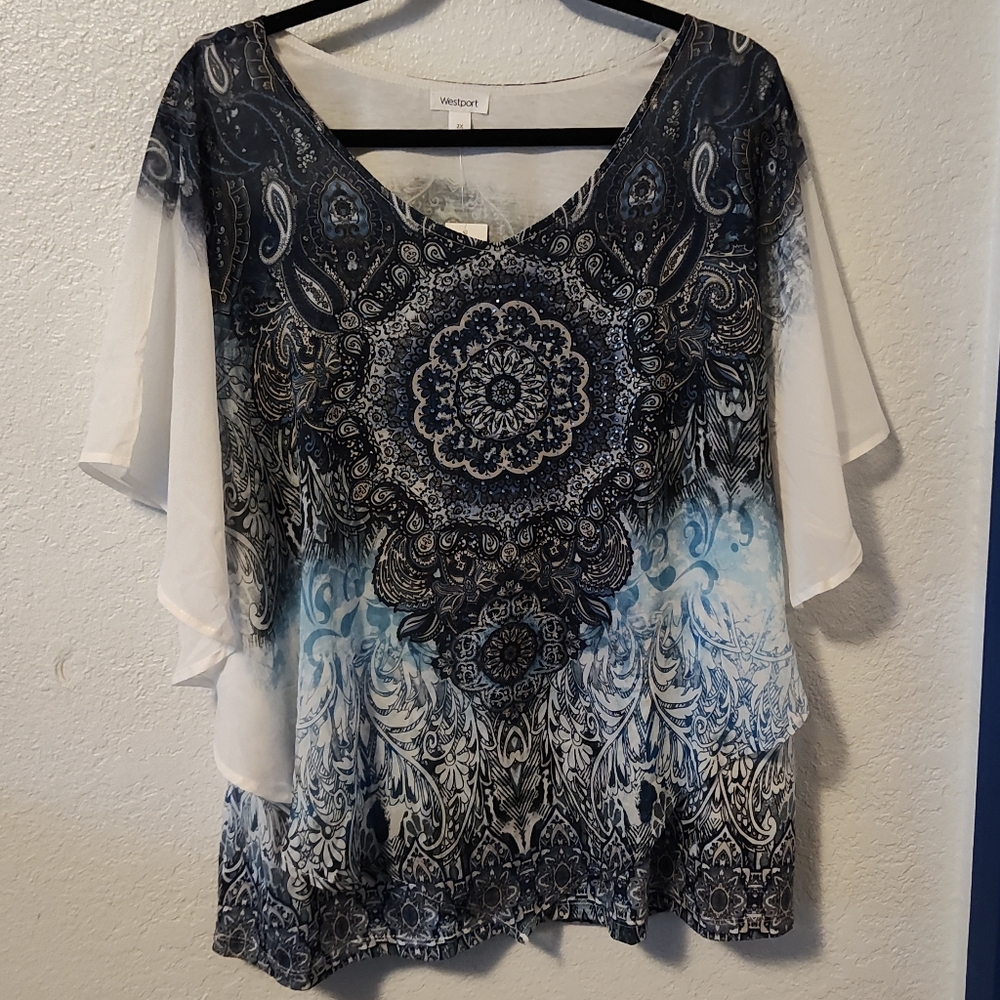Plus Sized Paisley Patterned Blue & White Blouse by Westport